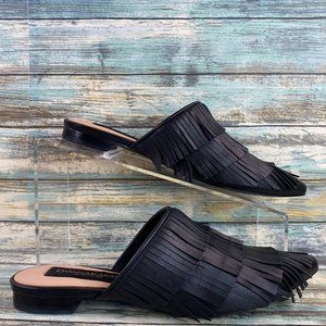 Donna Karan Paisley Black All Leather Fringe Mules Shoes Pointed Toe Womens 6M